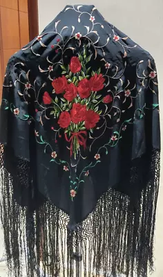 Vintage Shawl Piano Manton De Manila Black Red Silk Hand Embroidered 48  Fringed • $186