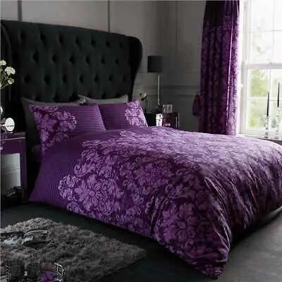 Duvet Set Purple Aubergine  Stripe Damask Print Quilt Cover Pillow Cases Bedding • £16.19