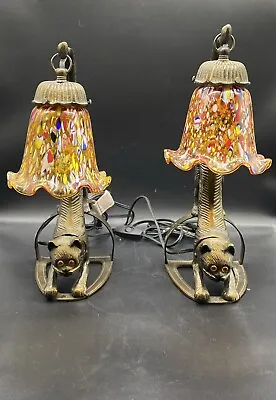 Lot Of 2 Bronze Tone Sculpture Cat Table Lamp Millefiori Shade Eyes Glow (As Is) • $297.50