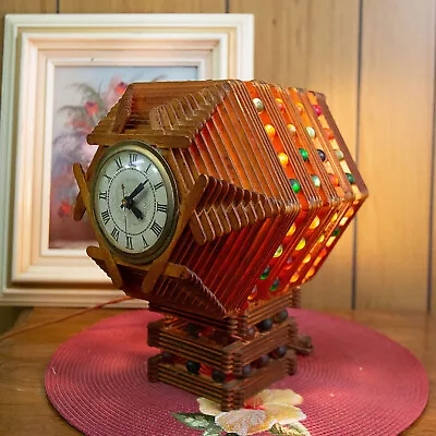 Vtg Folk Popsicle Stick Lamp & Clock Folk Art Tramp Art With Marbles READ • $129.99