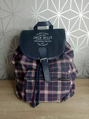 Jack Wills Pink & Navy Tartan Check Backpack Rucksack Drawstring School Bag • £12.95