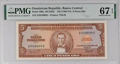 DOMINICAN REPUBLIC 5 PESOS P100a PMG 67 SUPERB GEM UNC EPQ FINEST KNOWN (1 OF 2) • $745