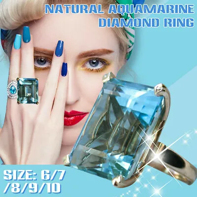 $5.38 • Buy Natural Aquamarine Diamond Ring 14k Yellow Gold Women's Big Engagement Jewelry