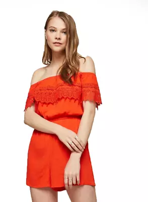 Ex Miss Selfridge Women's Short Sleeve Lace Detail Off Shoulder Playsuit- Orange • £9.99