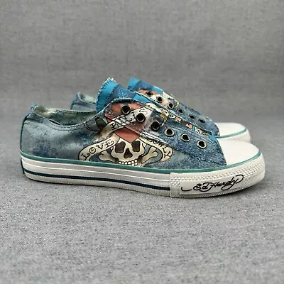 Don Ed Hardy Designs Shoes Women's 7 Blue Skull Heart Love Kills Slowly Slip On • $44.99