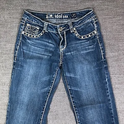 LA Idol Jeans Womens 7 Juniors Blue Bootcut Studded Low Rise Flap Pockets • $14.69