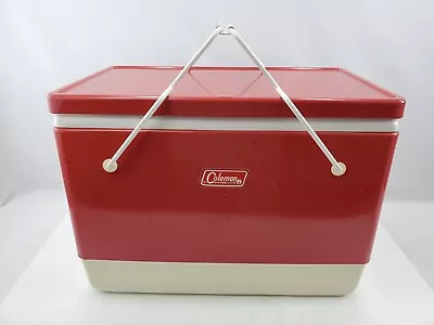 Vintage COLEMAN Red Metal Steel Belted Retro Ice Chest Cooler W/ Metal Handles • $65