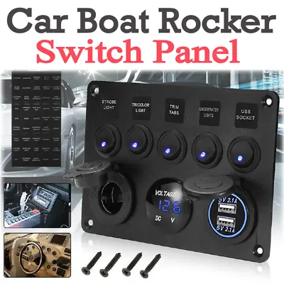 $29.89 • Buy 5 Gang 12V Switch Panel ON-OFF Toggle 2 USB For Car Boat Marine RV Truck Camper