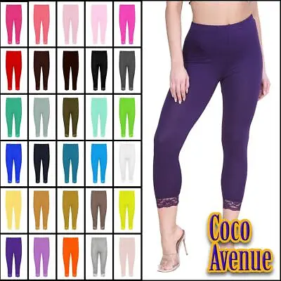 Ladies Plain Lace Trim 3/4 Leggings Capri Skinny Cropped Yoga Gym Jogging Pants • £11.30