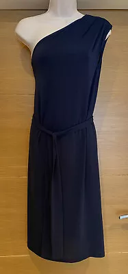 H&M Ladies Navy Blue One Shoulder Belted Midi A-Line Dress Size Med 10 12 38in • £7.65