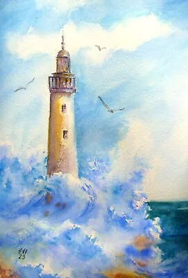 Lighthouse Seascape Original Watercolor Painting On Paper A4 • £45