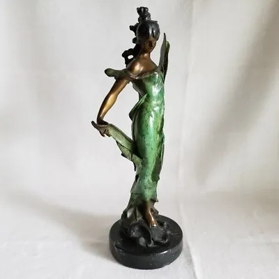 10.25  Art Nouveau Vintage Green Statue Antique Bronze Sculpture Marble Lady • $989