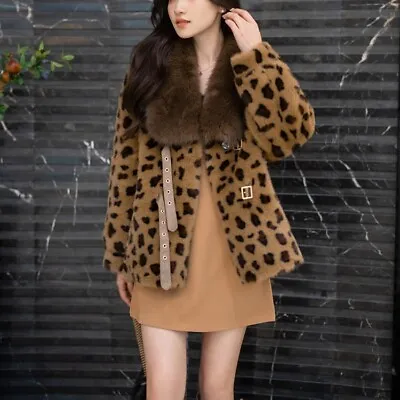 Womens Gold Mink Fur Coat Fur Collar Fashion Jackets Parka Mid Long Outwear New • $97.52