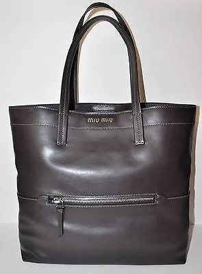 MIU MIU Vitello Soft Leather Shopping Tote Bag In Ebano Dark Brown • $599