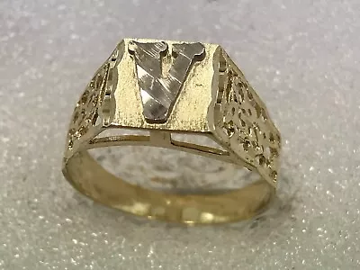 10 Karat V Initial Ring - 10K Yellow White Gold Men's Diamond Cut V Initial Ring • $119