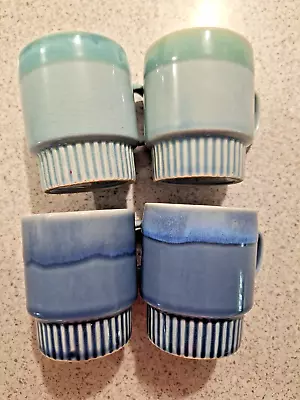 4 X  Vintage Drip Glaze Coffee Cups / Mugs. Retro Stackable  Blue • $36.50