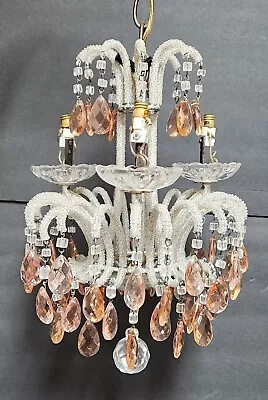 Antique Italian Macaroni Encrusted Bead Pink Crystal 3 Light Chandelier Italy • $1200