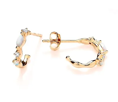 9ct Yellow Gold On Silver Opal & CZ Huggie Hoop Cuff Stud Earrings • £12.95