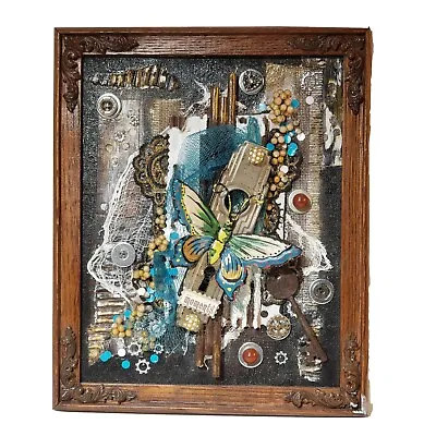 Mixed Media Steampunk Framed Art Butterflies Keys Lace 10X9 Vintage Wood Frame  • $31.50