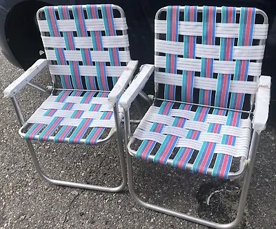 Vintage Aluminum Webbed Lawn Chairs Blue Pink Teal Never Used Pair Set New • $59.99