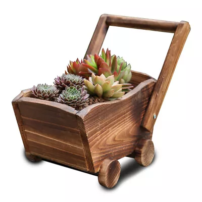 Wooden Wheel Barrow Planter Modern Garden Burnt Wood Flower Cart Ornamental Pot • £14.75