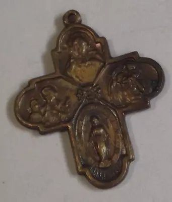 Vtg Religious Brass 4 Way Scapular Cross Pendant Catholic Please Call A Priest • $25