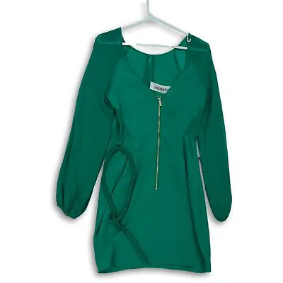 Guess By Marciano Womens Green Pleated Long Sleeve Front Zip Mini Dress Size 2 • $19.99
