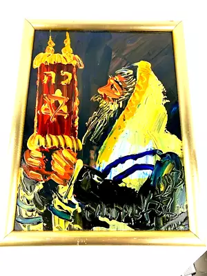 Morris Katz Signed Amazing Original Oil Painting 1993  Rabbi Lifting The Torah  • $285