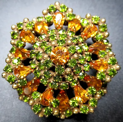 KRAMER Beautiful Green & Amber Rhinestone Vintage Pin Brooch • $69.99