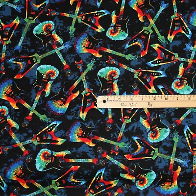 Black Tie Dye Groovy Tossed Guitars Rock-n-Roll Musical Fabric 1/2 Yard  #8711 • $3.83