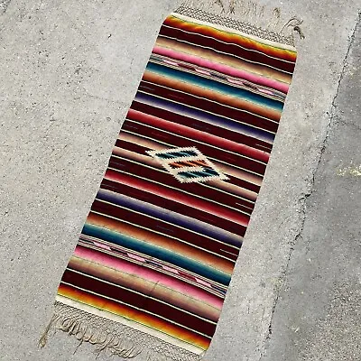 Vintage Mexican Wool Saltillo Serape Blanket Runner Rug Textile Art • $100