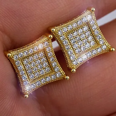 Mens 14k Gold Plated Real 925 Sterling Silver Iced CZ Square Kite Earrings • $24.57