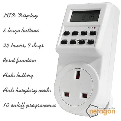 Christmas Lights Digital Mains Timer Socket With LCD Display 12/24 Hour 7 Days • £8.99