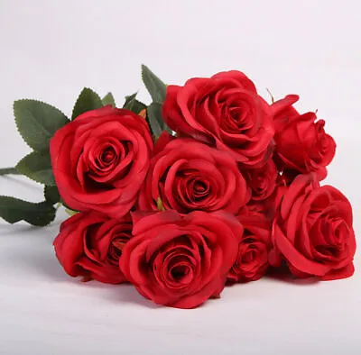 10 Heads Silk Rose Artificial Flowers Fake Bouquet Wedding Home Party Decor • £6.99