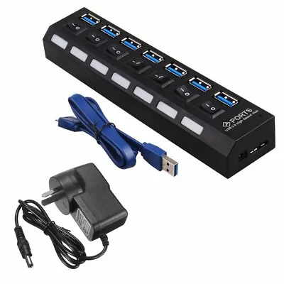 AU 7 Port High Speed Multi USB Hub USB 3.0+ AC Adapter Power Supply And Switches • $17.95