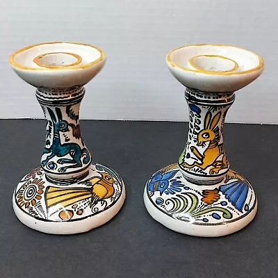 Vtg Mexican Taxco Tonala Art Pottery Set Of 2 Handpainted Candleholders MINT • $24.63