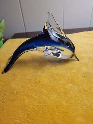 Murano Style Blue And Crystal Glass Dolphin  • $7