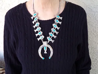 Vintage Sterling Silver & Turquoise Squash Blossom Necklace - 95 Grams • $615