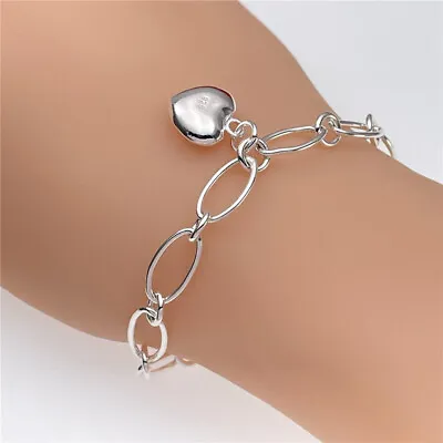 925 Sterling Silver Women Gorgeous Heart Bracelet Charm Jewelry Wedding 20cm • $1.80