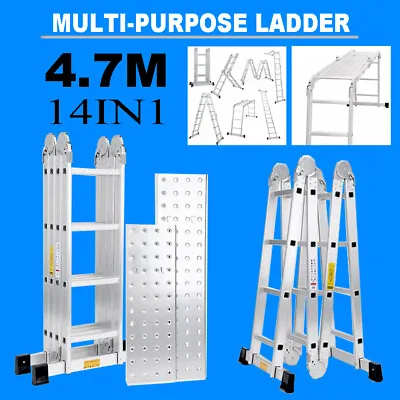 4.7M Multi-function Folding Ladder Aluminum Ladder Extendable 2 Working Platform • £117.97
