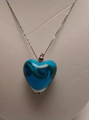 925 Sterling Silver Necklace Chain GLASS Heart Pendant 18   $50  Hippie  • $18.89