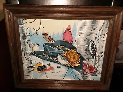 Vtg Paint By Numbers Adorable Snowman With Birds Finished 17x14 Wood Frame  MCM • $64