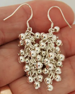 New Old Stock Sterling Silver 925 Modernist Shiny Dangle Ball Clusters Earrings • $22.99