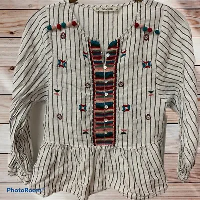 $17.50 • Buy Zara Basic Linen BoHo Embroidered Peasant Blouse Top XS Stripe Pompon Ivory