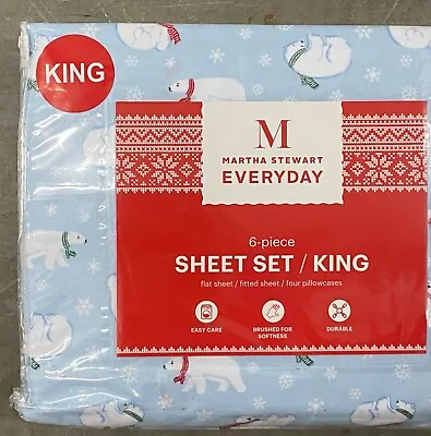 Martha Stewart Polar Bears Scarfs Snowflakes Light Blue KING Sheet Set NEW • $42.95
