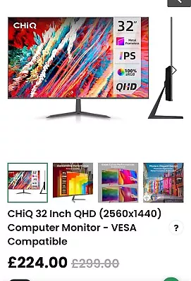 CHiQ 32 Inch QHD (2560x1440) LED IPS Monitor 5ms 3-Sided Frameless & Ultra Slim • £110