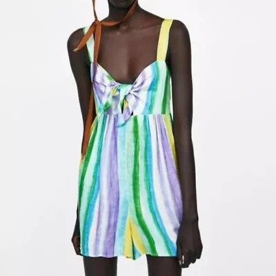 Zara Multicolour Striped Front Knot Cut Out Linen Blend Jumpsuit Playsuit |Sz L • $35