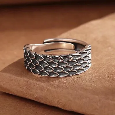 Solid 925 Sterling Silver Band Men Women Lucky Retro Carved Dragon Scale Ring • £19.53