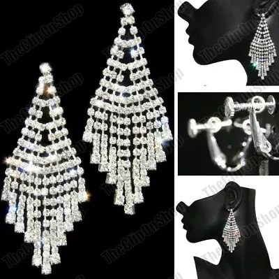 CLIP ON/PIERCED 3 Long BIG CRYSTAL CHANDELIER EARRINGS Glitzy Silver Rhinestone • £4.99