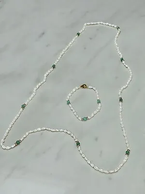 Vintage Rice Pearls & Jade Bead Necklace And Bracelet Set • $19.95